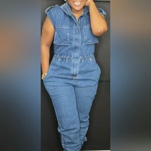 NWT- Women's Classic High Neck Sleeveless Denim Jumpsuit- Size Small